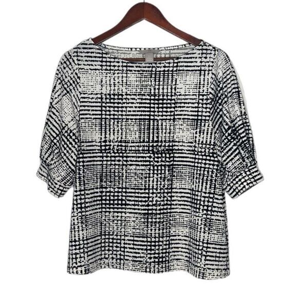 H&M Black White Checked Crepe Jersey Boatneck Top - Picture 1 of 4